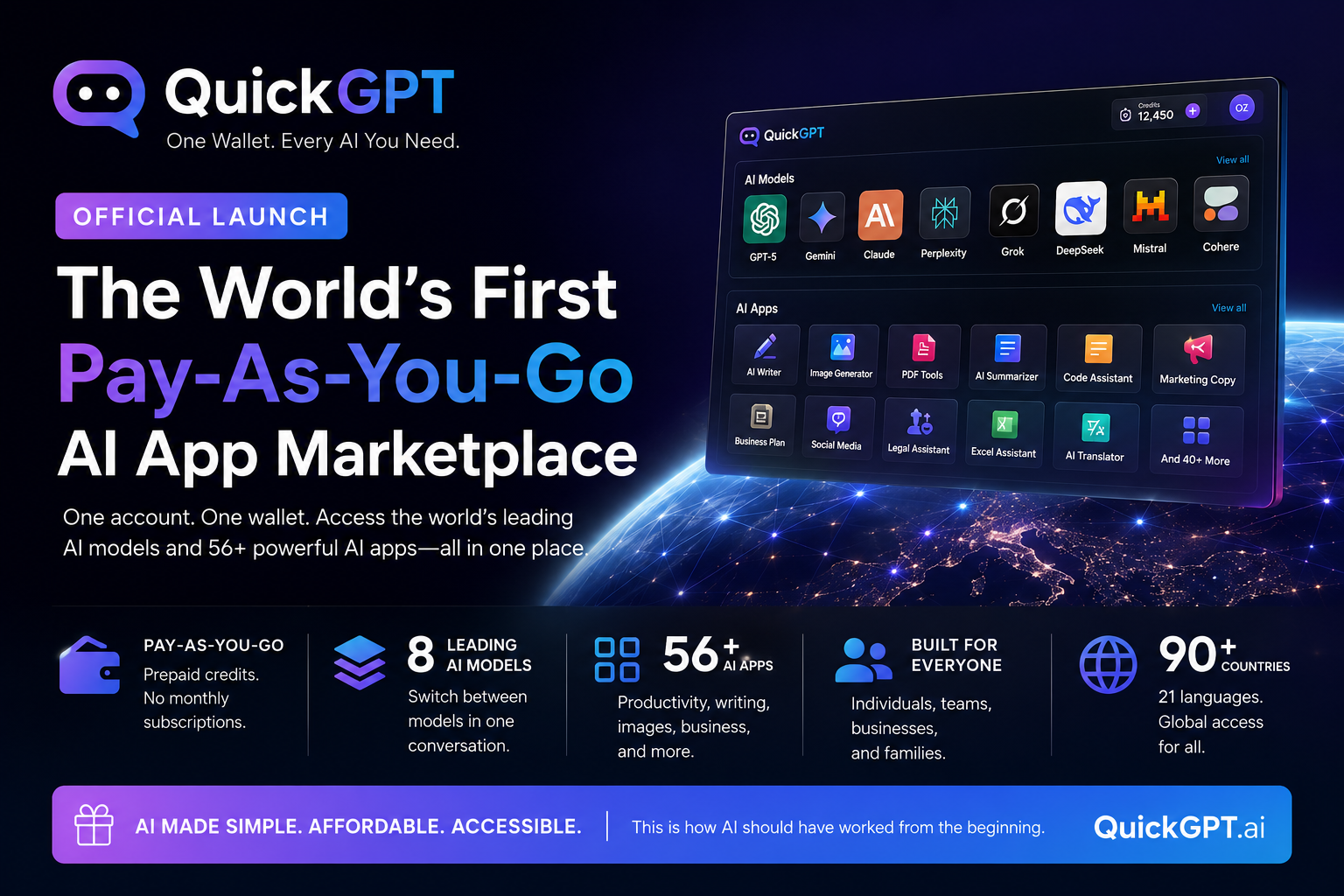 QuickGPT official launch graphic — 'The World's First Pay-As-You-Go AI App Marketplace' with a preview of the AI models and AI apps grid.