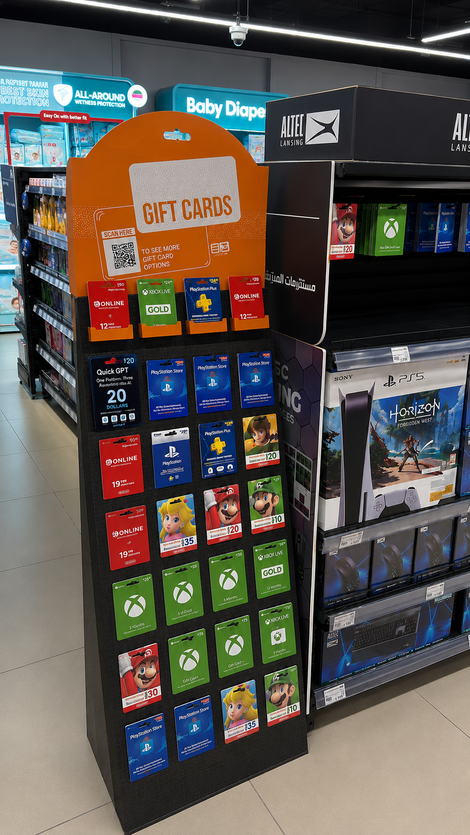 QuickGPT gift card on a floor-standing retail gift-card display alongside PlayStation, Xbox, and Nintendo cards