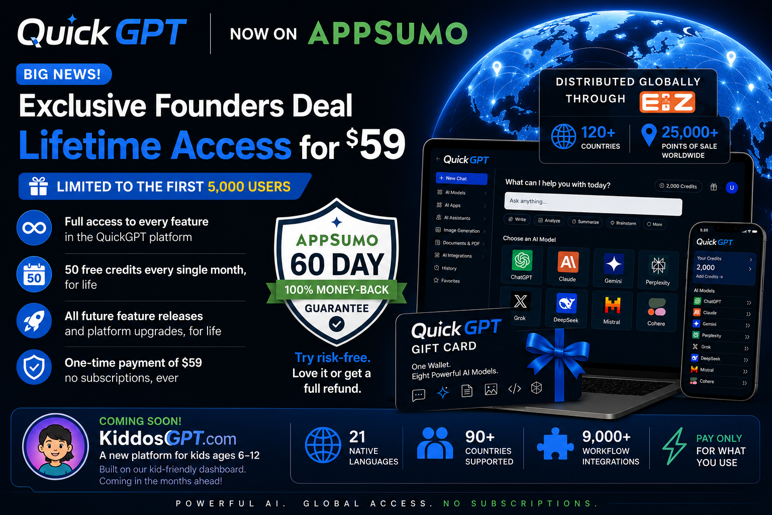 QuickGPT on AppSumo — Exclusive Founders Deal, Lifetime Access for $59, limited to the first 5,000 users. Backed by AppSumo's 60-day money-back guarantee, with global distribution through EZ PIN.