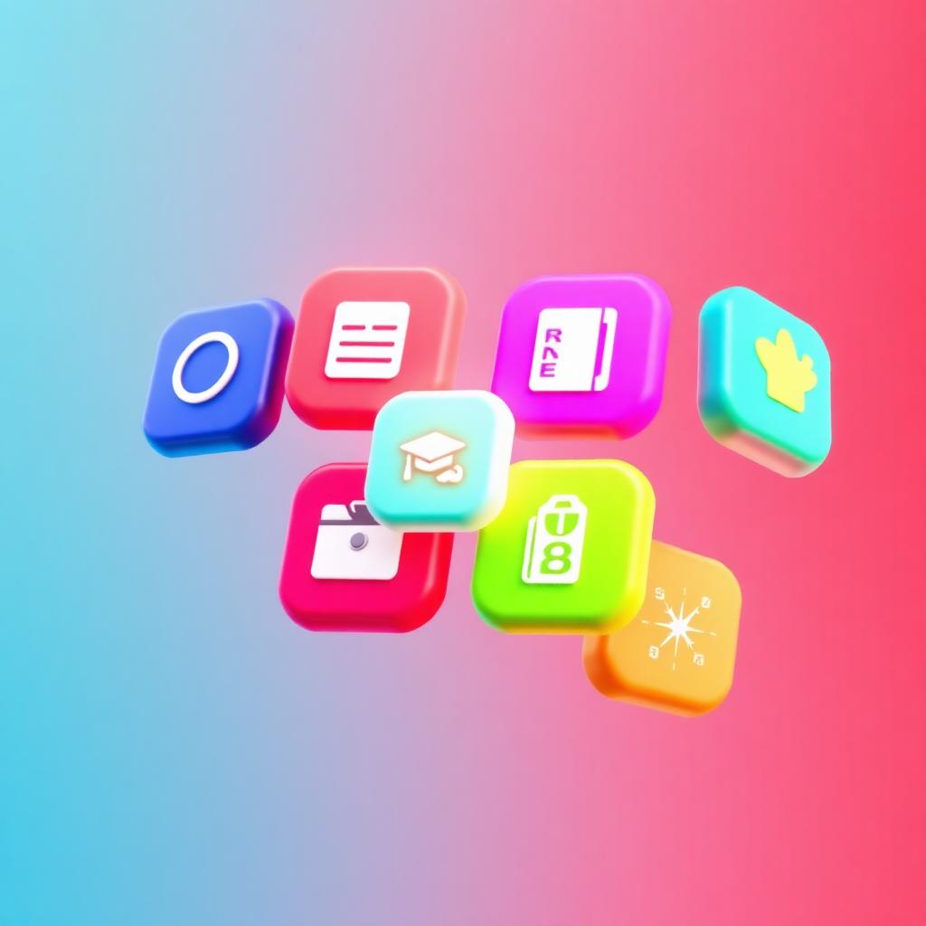 A bright bento grid of colorful AI app tiles floating above a coral, indigo, and mint gradient — icons for camera, chat, documents, graduation cap, and briefcase.