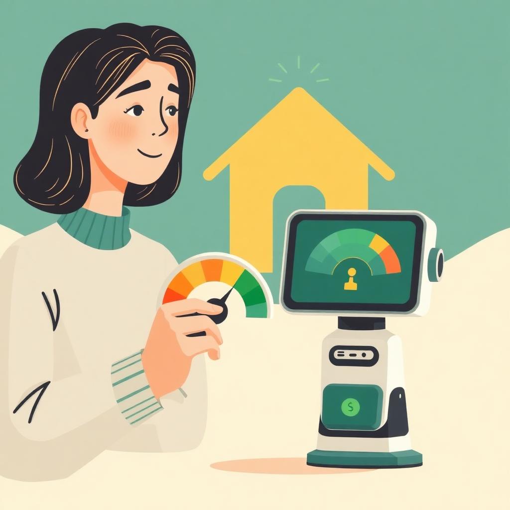 Illustration of a person and a friendly AI assistant reviewing a rising credit score gauge in front of a warm yellow house, symbolizing home loan readiness.