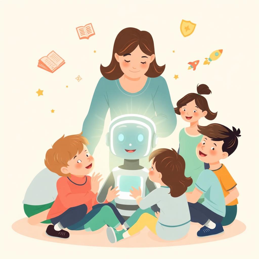 Warm illustration of a parent guiding a group of children gathered around a friendly glowing AI companion, surrounded by icons of books, rockets, and a safety shield.