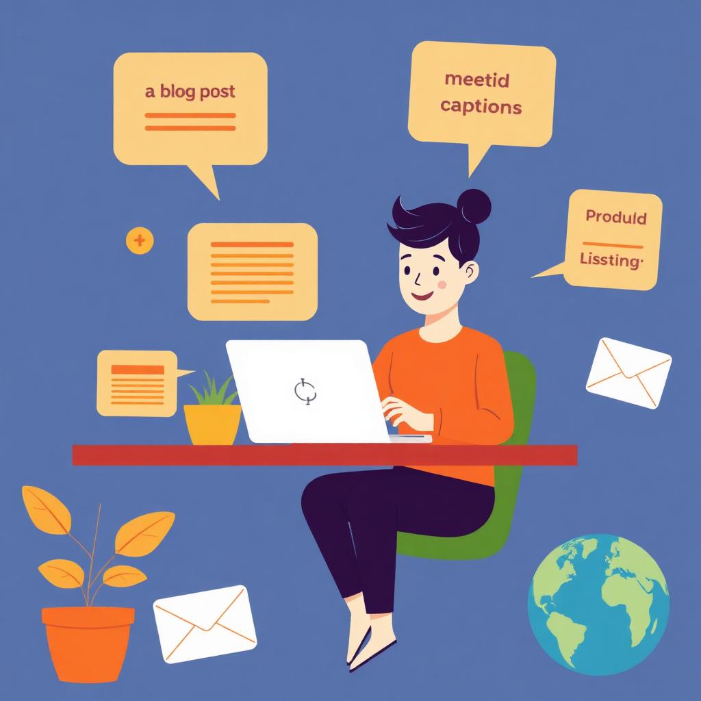 Illustration of a small business owner at a laptop with a friendly AI assistant, surrounded by floating cards for blog posts, social captions, ads, product listings, emails, and a globe for translation.