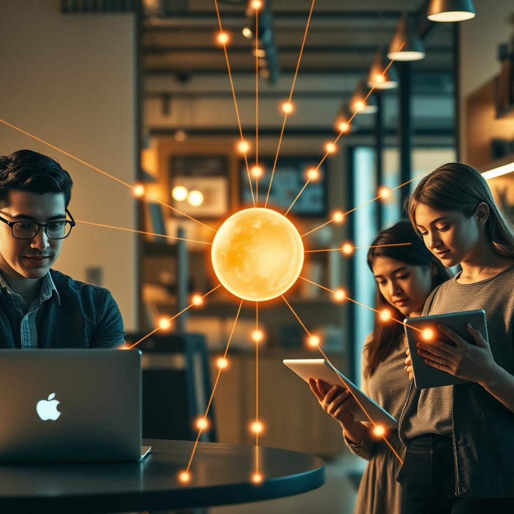 A young professional, a small business owner, and a student connected by glowing lines to a single luminous AI assistant.