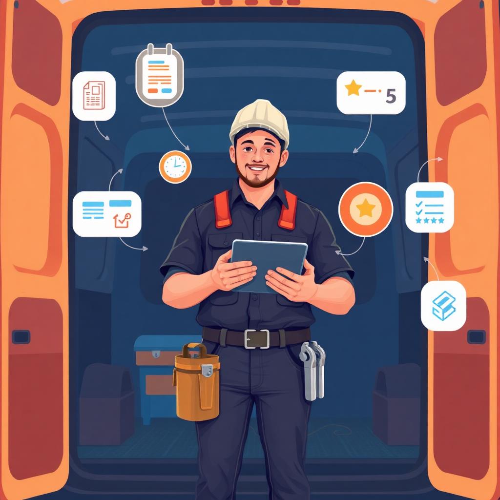 Illustration of an electrician at the back of a work van holding a tablet with a QuickGPT AI assistant, surrounded by icons for invoices, quotes, five-star reviews, and a safety checklist.