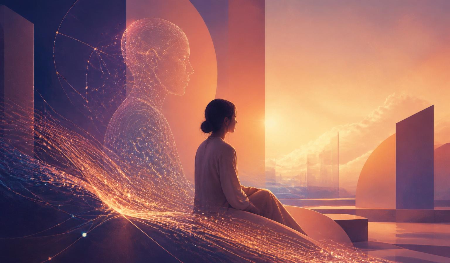 Editorial illustration of a person sitting beside a translucent AI silhouette made of glowing neural connections at sunset.